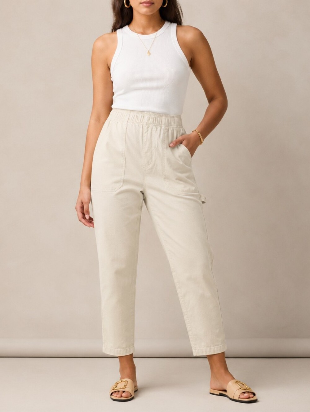 NWT Old Navy Cream Pulla Cropped High-Waist Carpenter Pants